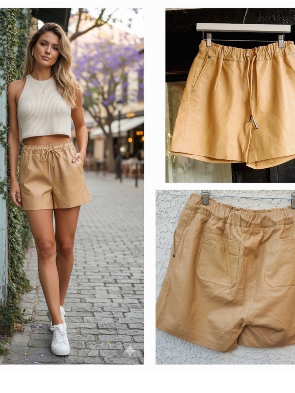 High-Waist Tan Faux Leather Drawstring Women’s Shorts